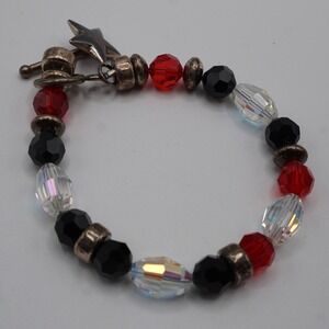 Sterling Silver Star Toggle Bracelet Red Black Iridescent Glass Beads 8 Inch